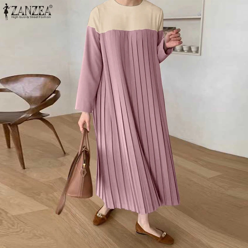 

ZANZEA Vintage Women's Dress 2021 Spring Autumn Pleated Patchwork Maxi Dresses Casual Solid Long Sleeve Oversized Holiday Robe