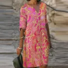 Женское винтажное платье-трапеция, элегантное платье с цветочным принтом, V-образным вырезом и рукавом до локтя, свободные платья, лето 2021