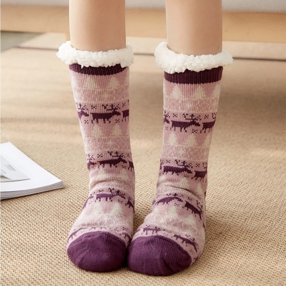 Зимние женские плюшевые Нескользящие тапочки Домашние носки Рождественские