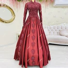 Красные Элегантные Свадебные платья с бусинами с длинным рукавом, Аппликации, свадебные платья, сатиновая свадебная одежда, мусульманское свадебное платье