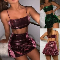 skmy women tracksuits casual fashion symphony ice silk sexy sling crop top ruffle mini skirt two piece set party clubwear
