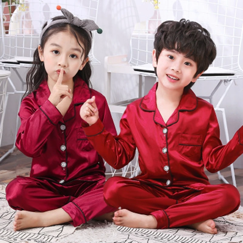 Красная Детская Пижама на весну и осень Шелковый костюм с длинным рукавом для