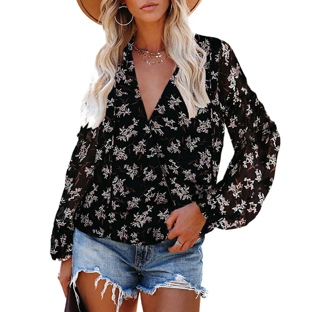 

Spring 2021 New Floral Print Long Sleeve V-Neck Chiffon Shirt Women's Pink Black Loose Top