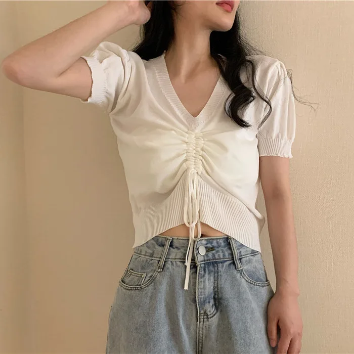 

WOMENGAGA T-shirt Women's Short Sleeve 2021 Summer New Korean V-neck Drawstring Top Tees Korean Women's Fashion 80RL