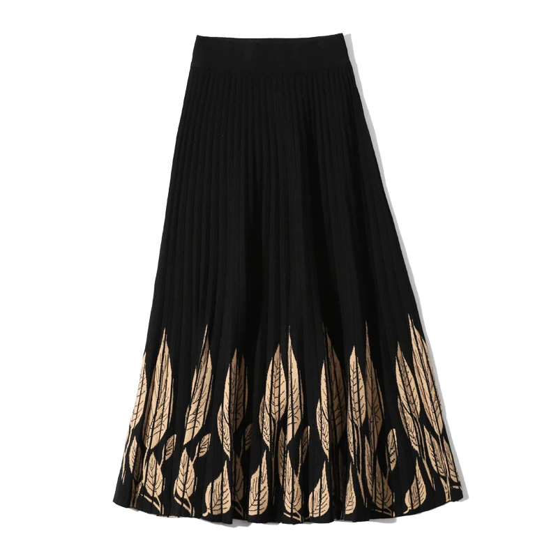 

Autumn Winter Women's Skirt Ethnic Printed Knitted Skirt New Slim High Waist Mid-length Female Pleated Skirts GX452