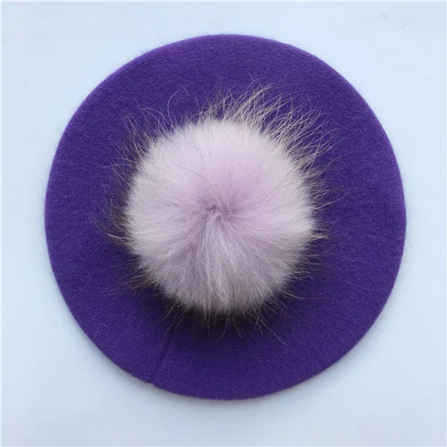 Purple match fur Женские береты, шапка, зимние женские Повседневные вязаные шерстяные береты с натуральным мехом енота, весенние женские одноцветные береты, шапки - Цвет: Purple match fur