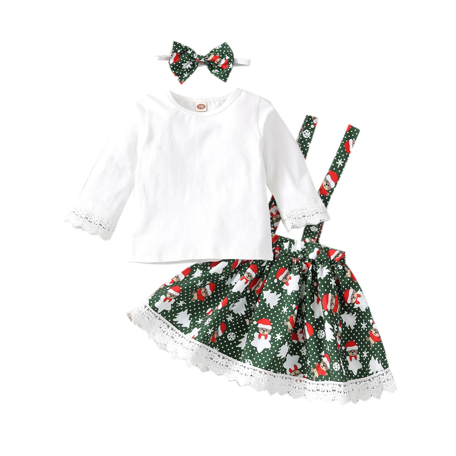 

Lioraitiin 0-24M Newborn Baby Girl Tops Skirt Suit Long Sleeve Round Neck High Waist Suspender Christmas Lace Half Dress