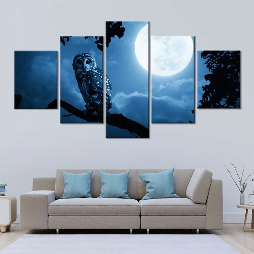 

No Framed Canvas 5Pcs Animal Owl Full Moon No Yaiba Wall Art Posters Pictures Home Decor Paintings Decorations