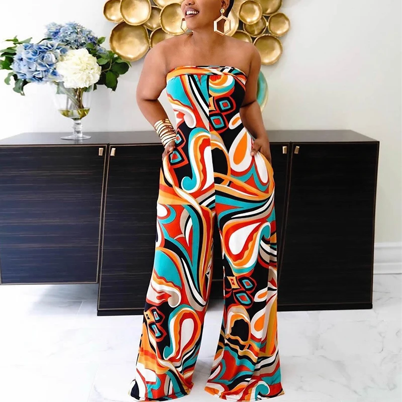 

Women Plus Size Strapless Printed Belt Sleeveless Wide Leg Jumpsuit Summer Overalls High Waist Pants Capris