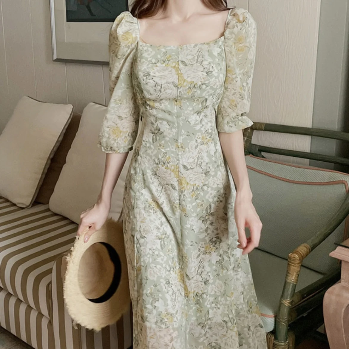 

Summer ELegant Vintage French Style Floral Long Dress Women Slim Party Holiday Beach Vestido Robe Clothes