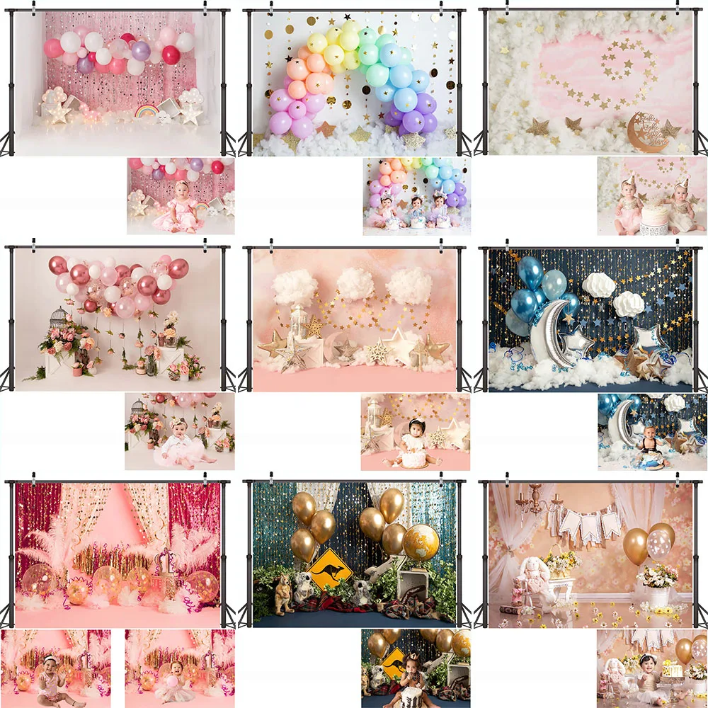 

Photography Kids Cake Smash Backdrop Photo Studio Newborn Baby Birthday Portrait Background Photoshoot Floral Balloons Photocall