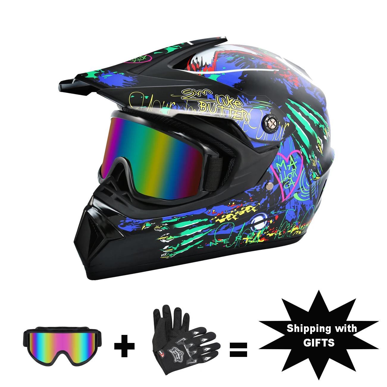 Honhill Off Road Motorcycle Helmet Full Face W/Goggle Gloves Professional Motocross Helmet For Dirt Bike ATV Glossy Black