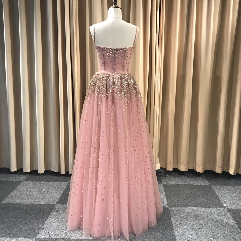Full Crystals Pink Prom Dresses Beads Sheer Neck Long Sleeves Evening Gowns Women Party Dresses Custom Made Real Picture