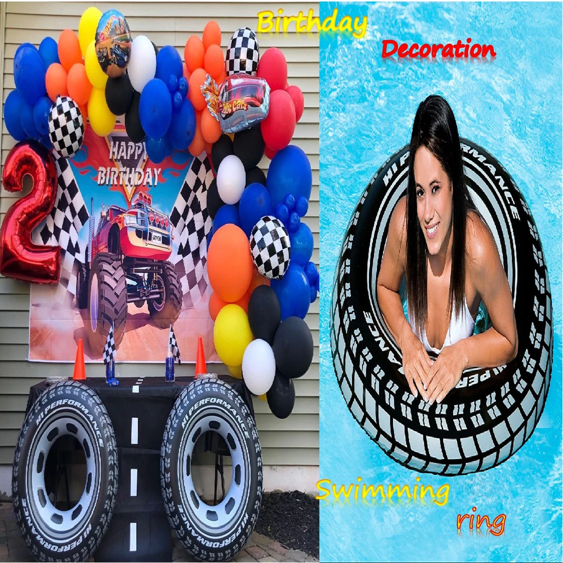 

Intex Inflatable 36" Giant Tire Tubes for Swimming Pool/Lake/Ocean Kids Cars Racing Truck Theme Birthday Party Decors