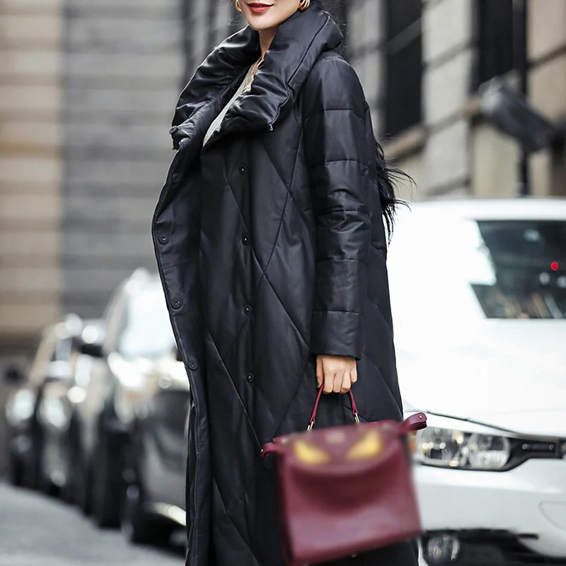 Женское длинное пальто на белом утином пуху куртка из натуральной овечьей кожи