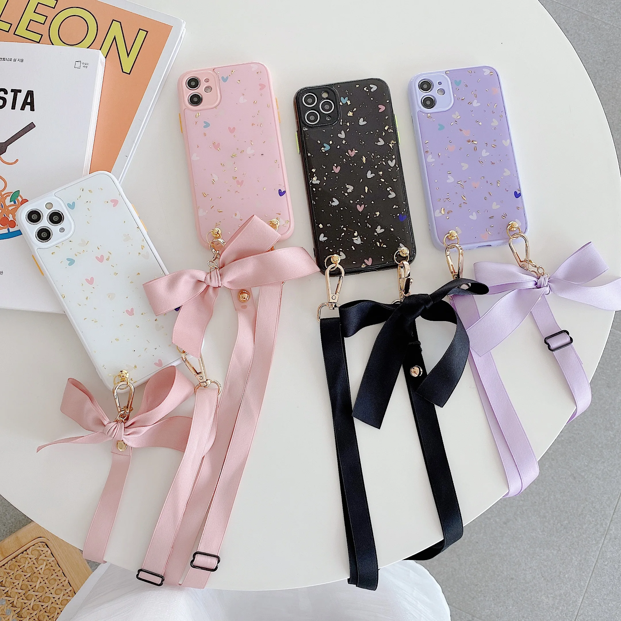 

Fashion Cute Girl Color Heart Phone Case For iPhone 11 12 XS Pro Max 12 Mini Rope Case Soft TPU Bag For APPLE XS XR X Charm Cava