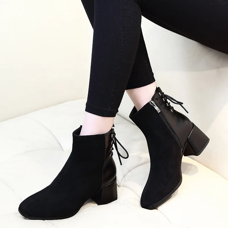 

Fashion Sexy Women Short Martin Boots Ankle Autumn New Square Heel Elegant Casual Shoes Woman Zip Lace Up Boots Shoes H0155