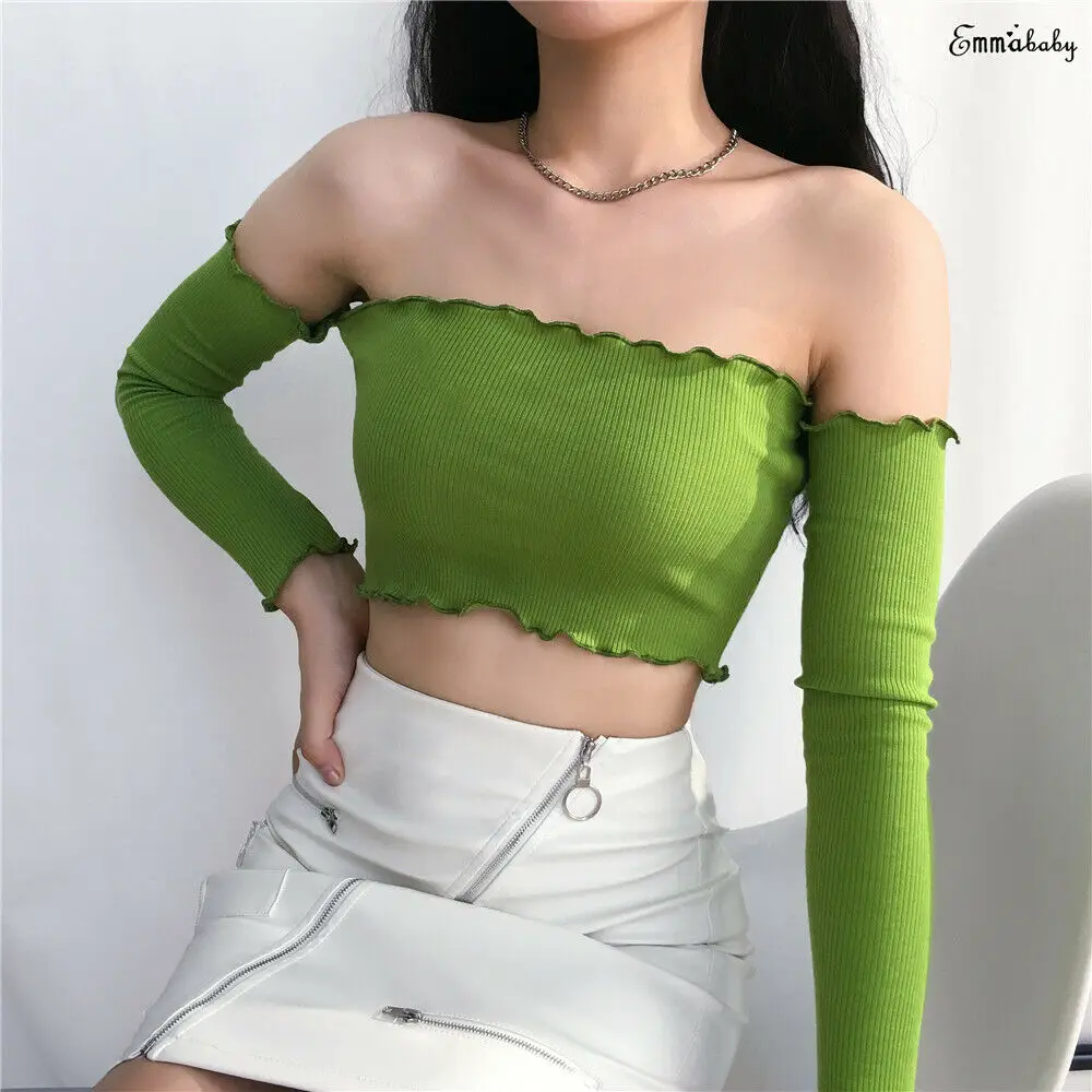 

New Summer Women Sexy Off Shoulder Top T-shirt Ladies Full Sleeve Knit Crop Tops Shirt Femme shirt Tanks Streetwear