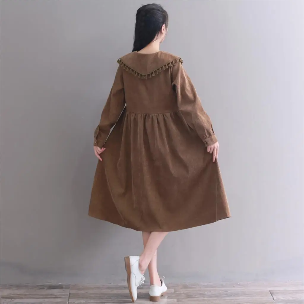 

Japanese Mori Girl Women Corduroy Long Dress Autumn Winter Pink Khaki Casual Loose Vestidos De Festa Tassel Kawaii Midi Dresses