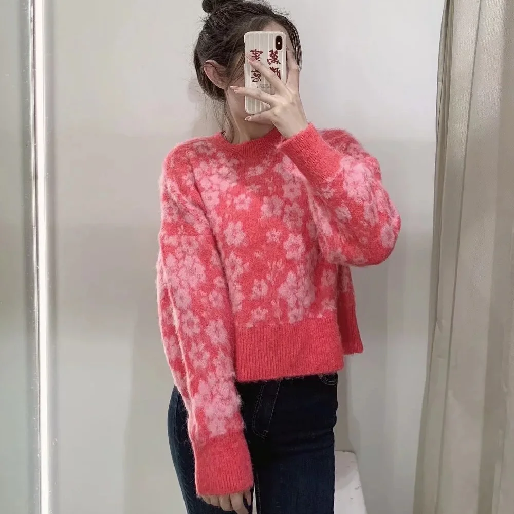 

Xitimeao Women Sweater Autumn Winter Mosaic Printing Knitting Sweater For Ladies O Neck Pullover Loose Oversize Top