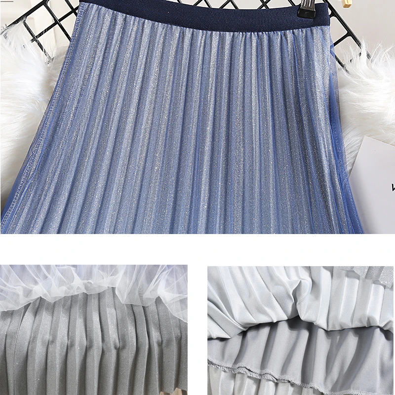 

Skirts Womens 2021 Summer High-Waisted Skirts Office Lady Work Pleated Skirts Gradient Mesh Elastic Waist Female Skirts KS741