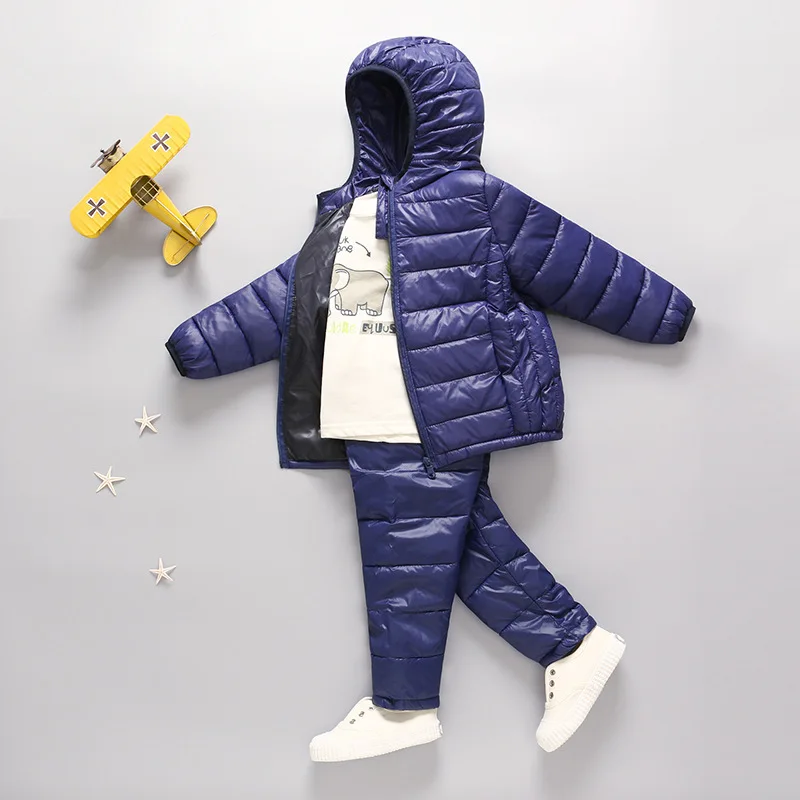 Dark blue Осенне-зимнее детское пуховое пальто легкий комплект для мальчиков и девочек, детская маленькая куртка+ штаны, хлопковое пальто - Цвет: Dark blue