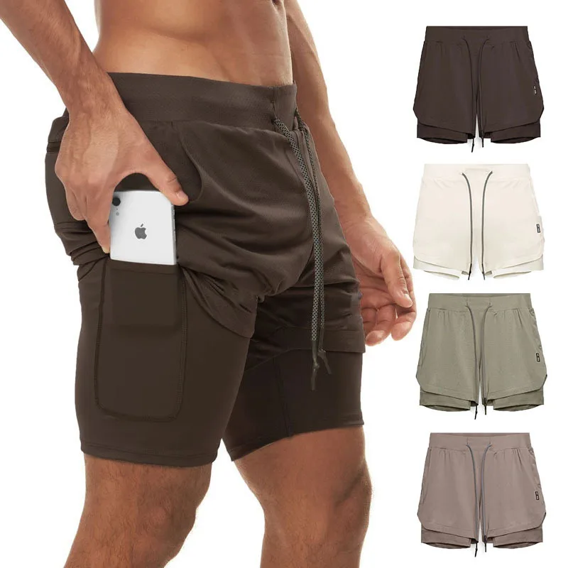 

New Sports Shorts Men's Double-layer Color Matching Hanging Towel Fitness Running Breathable Solid Color Five-point Sweatpants