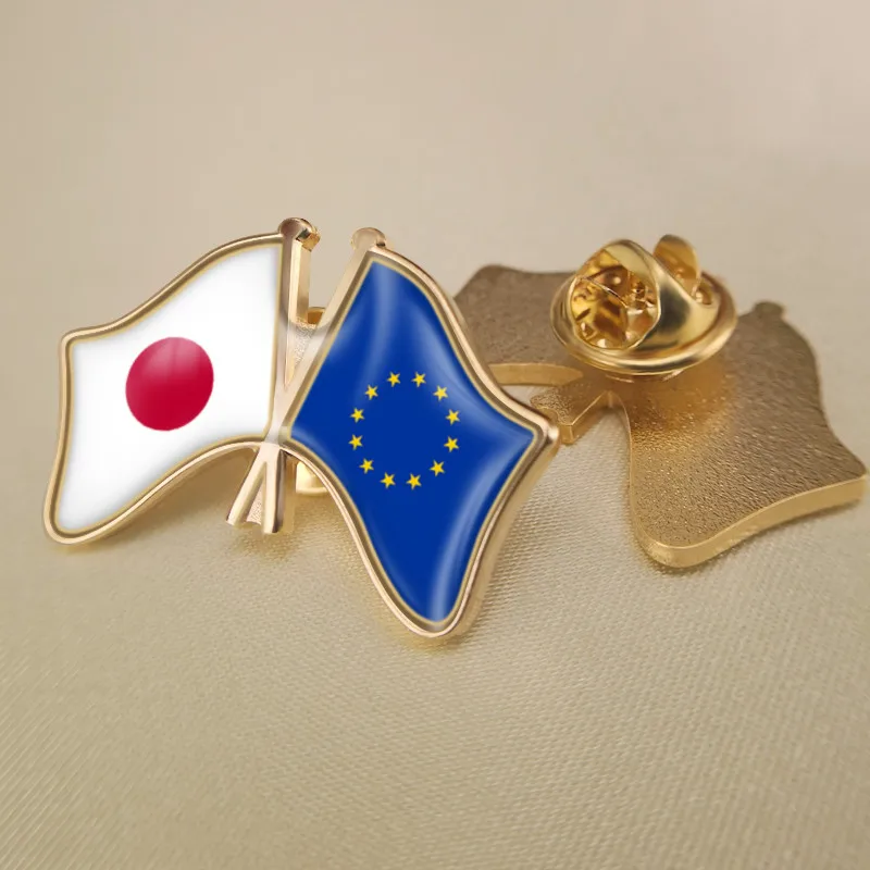 

European Union and Japan Crossed Double Friendship Flags Brooch Badges Lapel Pins