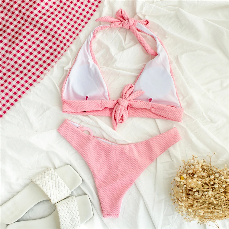 

2020 new women's swimsuit loop strap bikini double face plain swimsuit Solid sexy bikini swimming pool party essential