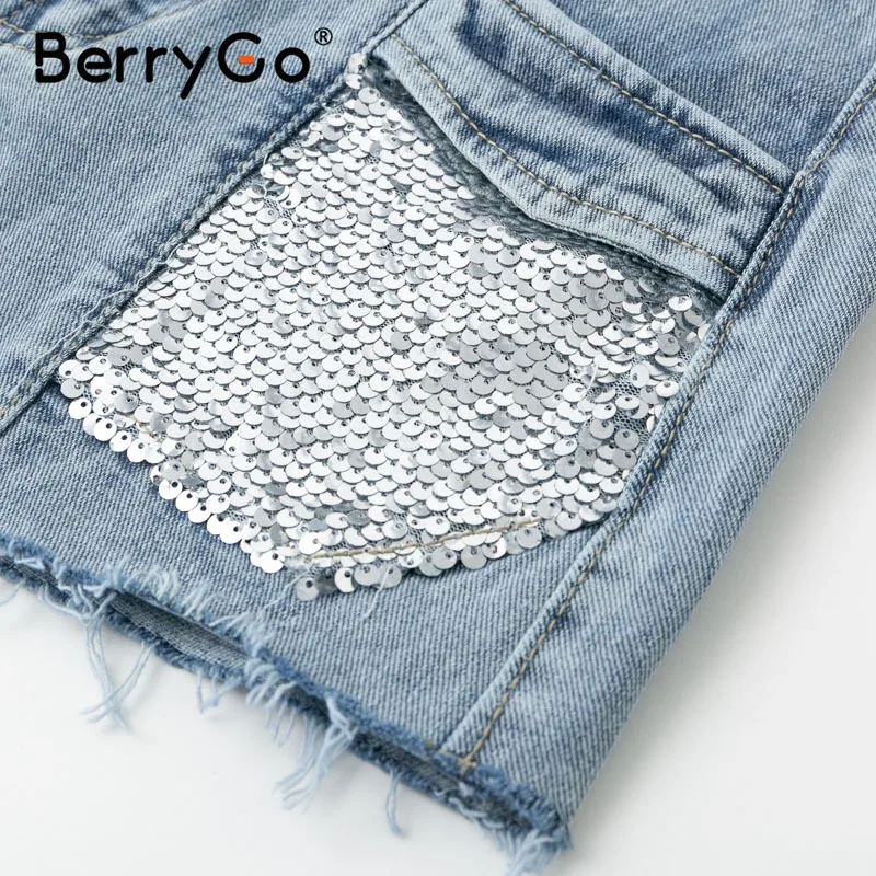 

BerryGo Fashion sequins denim shorts women High waist zipper pockets straight jeans women short Streetwear chic shorts female