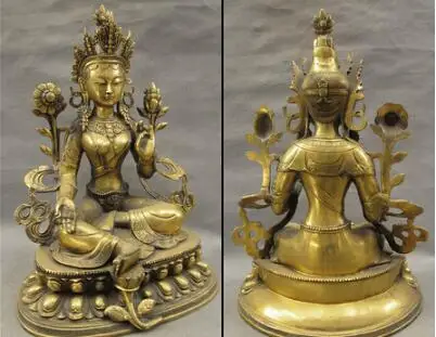 19" Tibet Bronze Buddhism Temple Lotus Green Tara Buddha Goddess Seat Statue | Дом и сад
