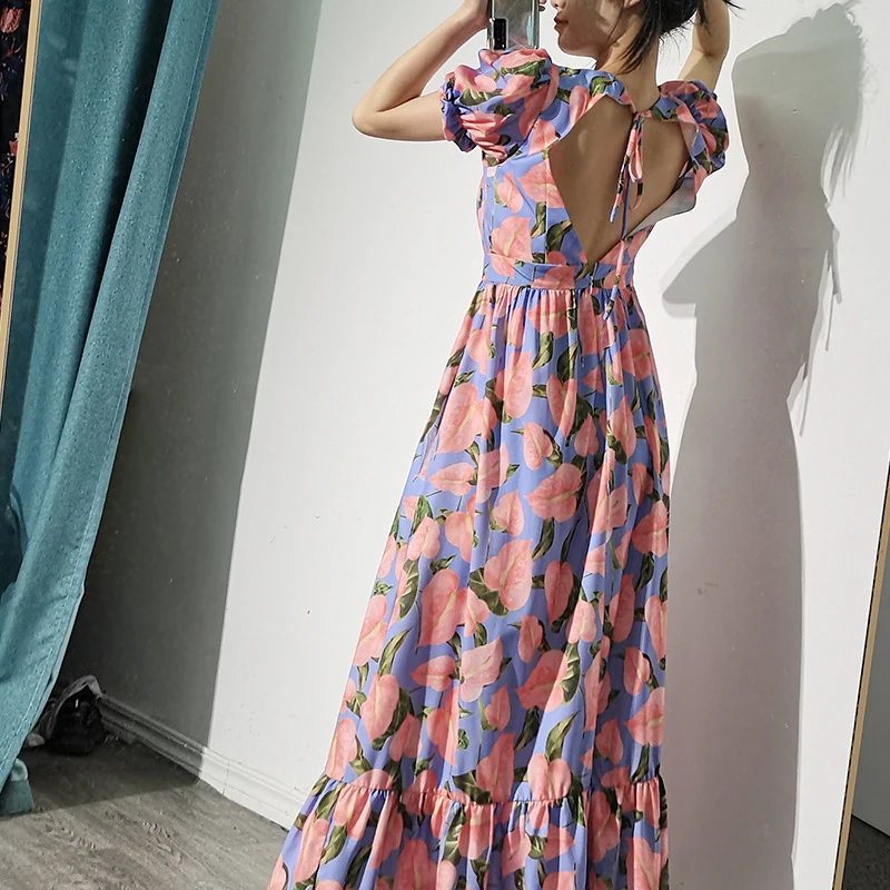 

XIZIHUPAN Sweet Print Dress For Women O Neck Puff Short Sleeve High Waist Backless A Line Maxi Dresses Female Summer Fashion New