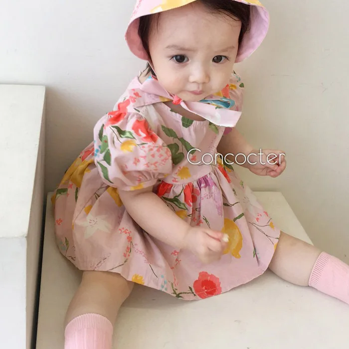 

2pcs Newborn Baby Girls Dress Hat Toddler Girls Floral Flower Princess One Piece Dresses Kids Cotton Clothes Sets Baby Outfits