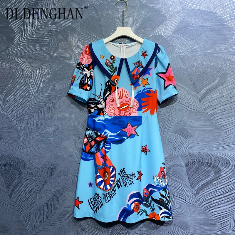 

DLDENGHAN Fashion Designer Summer Print Dress Women Tassel Peter pan Collar Short Sleeve Beading Vintage Party Dresses
