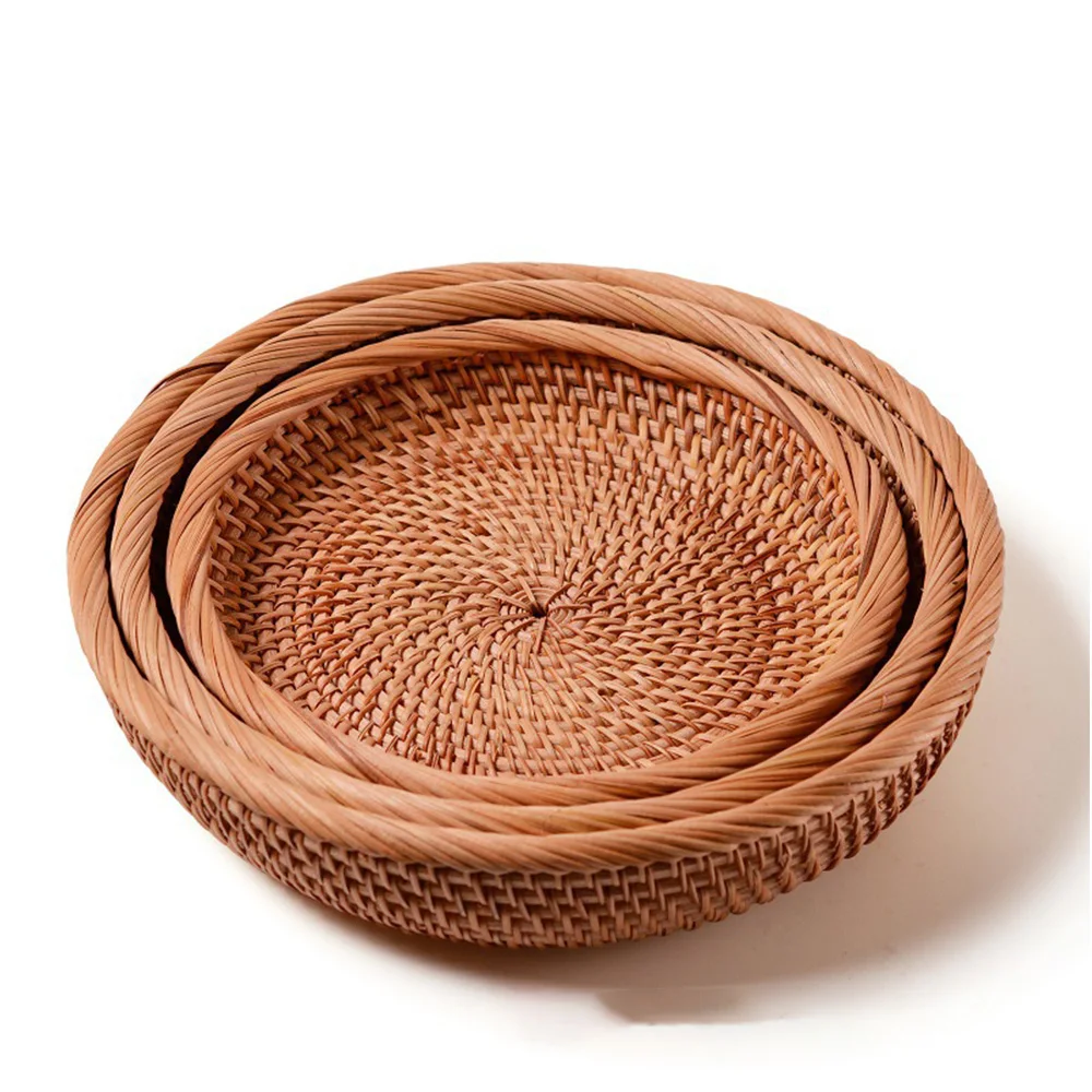

Storage Basket Round Rattan Storage Tray Bread Fruit Food Snacks Breakfast Display Hand-Woven Rattan Basket Home Decor Crafts