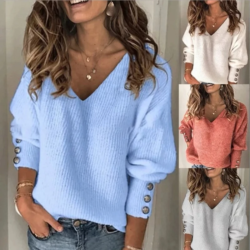 

2021 Autumn Winter New Fashion V Neck Women Knitting Sweater Elegant Pullover Jumper Casual Long Sleeve Loose Ladies Sweater