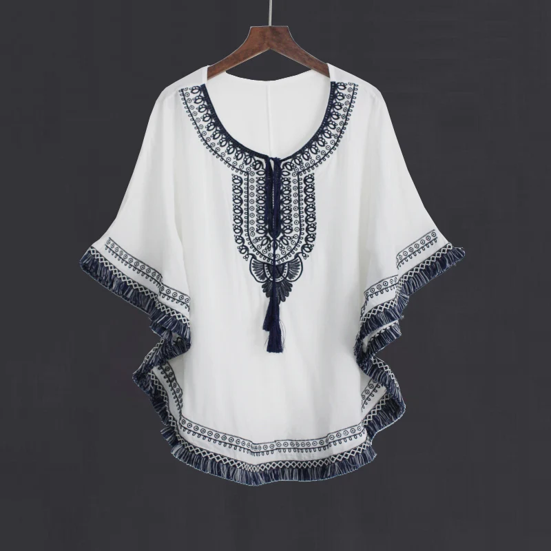 Женская хлопковая блузка с бахромой в стиле ретро Свободный пуловер рукавом