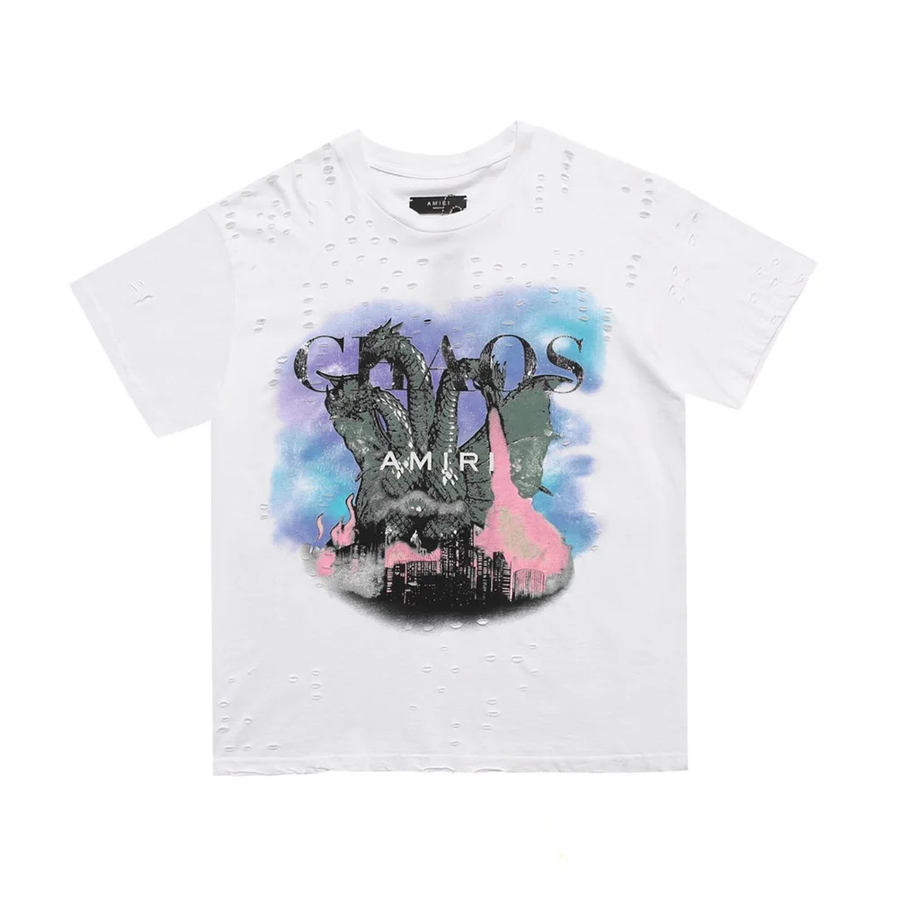 

Amiri Quidora Three-headed Dragon Distressed Hole High Street Style Retro Male Short-sleeved Tee Female Couple T-shirts
