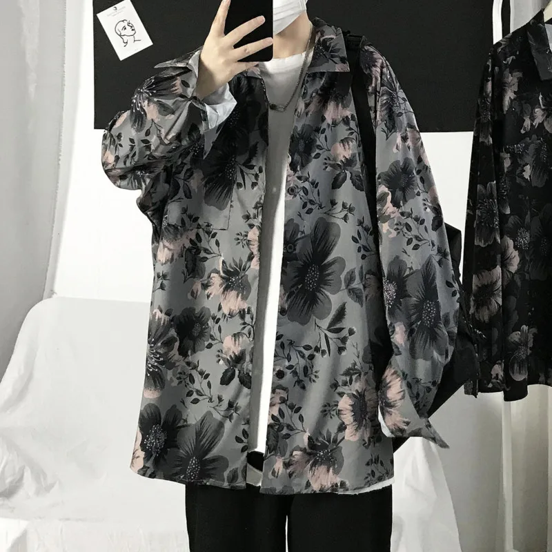 

Spring Summer Thin Floral Shirt Men's Fashion Print Casual Shirt Men Streetwear Korean Long-sleeved Shirts Mens Dress Shirt