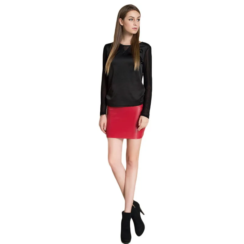

QRWR 2020 Autumn Winter Women Skirt Sexy High Waist Solid Pencil Leather Skirts Slim Fit PU Stretch Short Mini Skirts Women