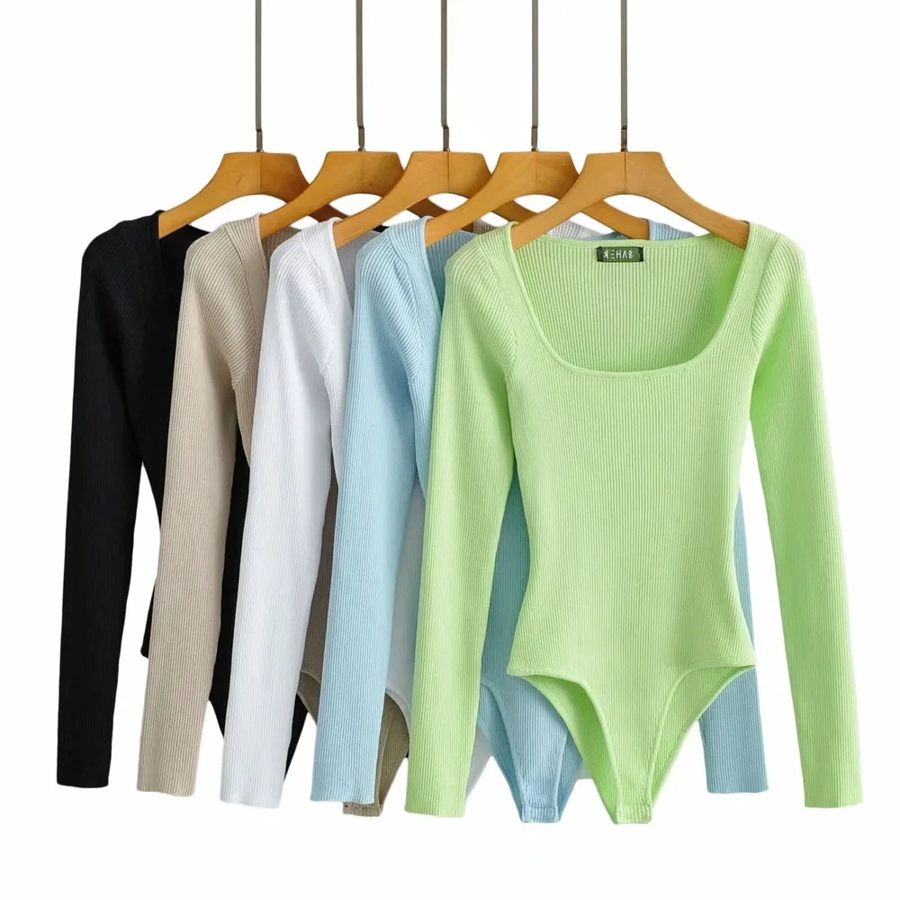 

Autumn Winter One Piece Women Knitted Solid Square Collar Long Sleeve Black White Blue Khaki Bodycon Top Bodysuit