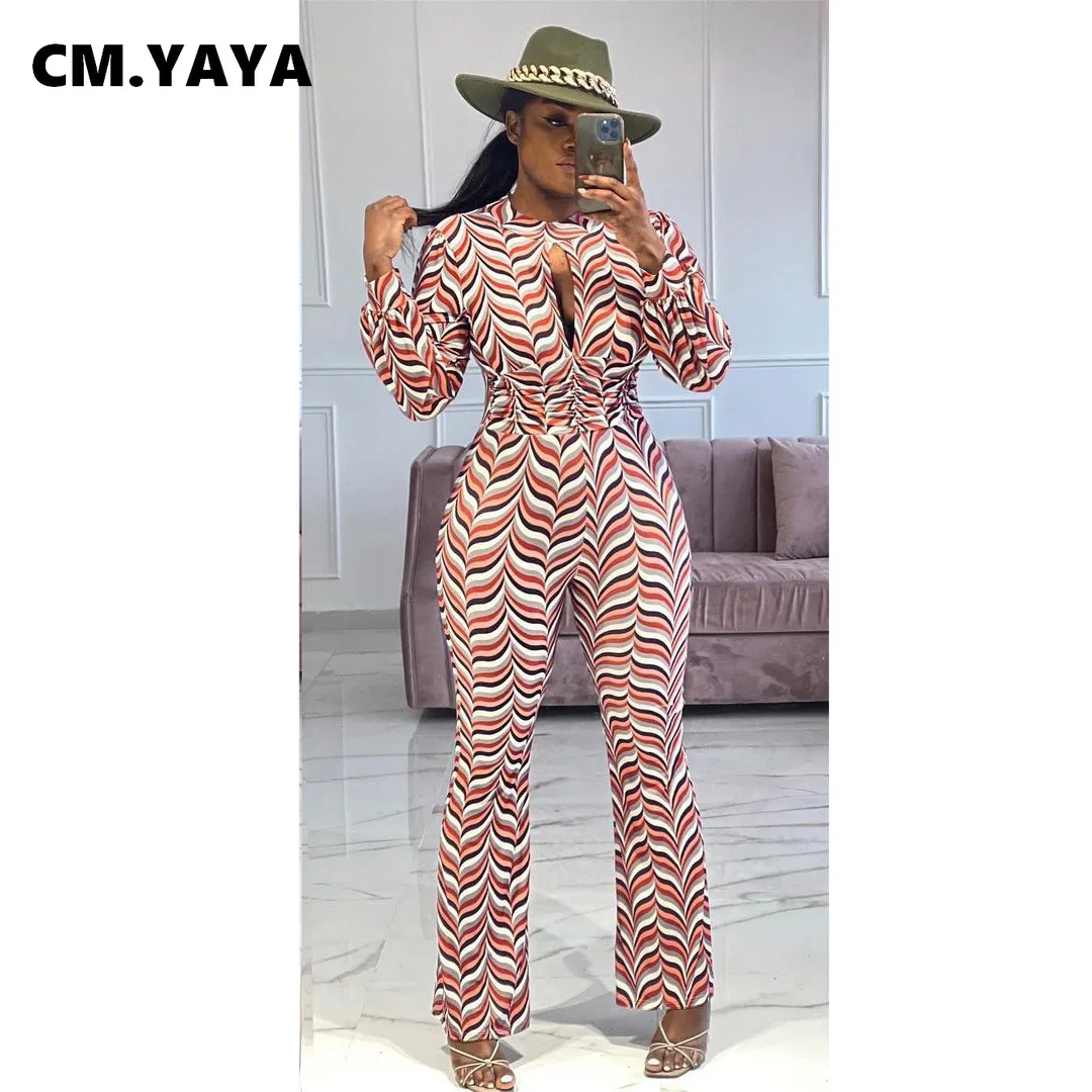Женский комбинезон CM.YAYA с вырезами спереди в полоску широкими штанинами высокой