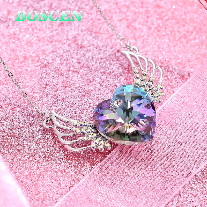 BOSCEN 925 Sterling Silver Pendant Necklace For Women Embellished With Crystals From Swarovski Colorful Heart Wings