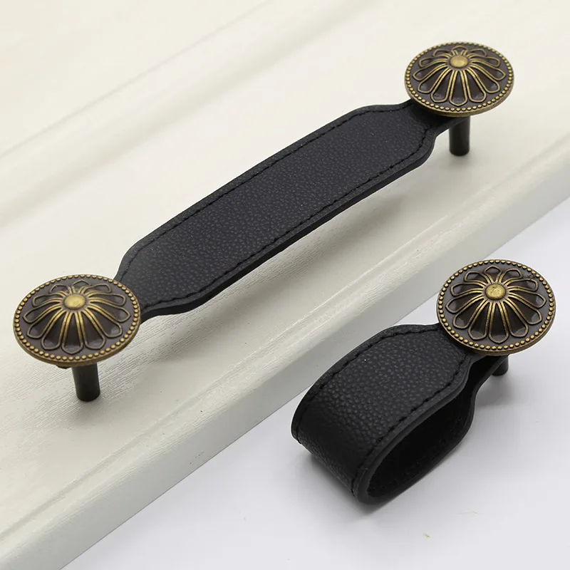 Черные кожаные ручки для шкафов дверная фурнитура мебельные ящики шкаф кухонный