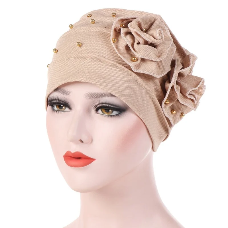 CharmGo New Cap With Beaded Corn Kernels and Double Side Flower Pleated Headdress Free Shipping Cotton Hijab Scarf Women