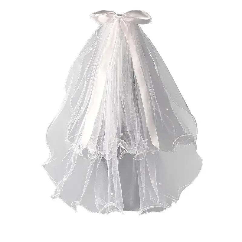 

Kid Halloween Queen Cos Accessory Light Luxury Bowknot Wedding Veil Head Dress Princess Curling Pearl Headdress Two Layer 80cm