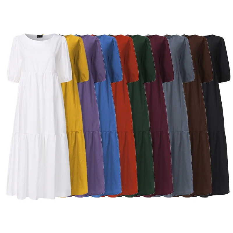 

2021retro Lantern Cotton Short-Sleeved Summer Dress Female Bohemian Beach Long Skirt Plus Size Loose Solid Color Big Swing Dress