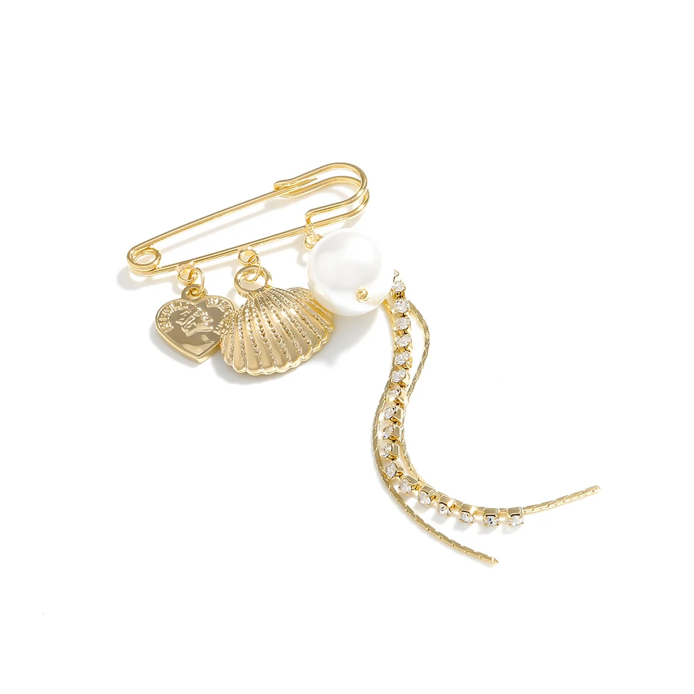 Yhpup Trendy Copper Charm Metal Shell Tassel Brooches Imitation Pearls Round Portrait Zirconia Exquisite Brooch Pins for Women