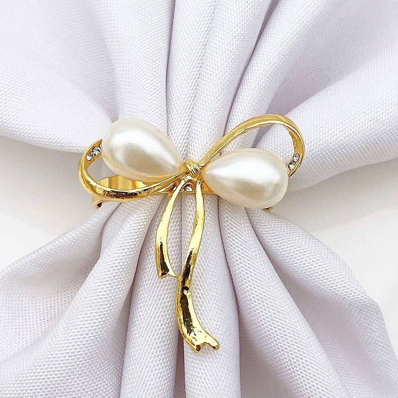 

6 Pcs/lot Gold Metal Pearl Napkin Rings Bow Buckles Serviette Holder For Hotel Wedding Party Banquet Home Table Decoration