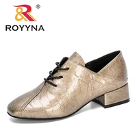 royyna 2020 new designers med heels oxfords women pumps round toe solid shoes woman lace up ladies casual work wearing shoes